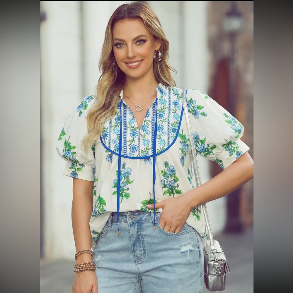 Floral Embroidered Peasant Blouse - White & Blue